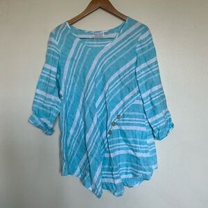 Habitat 100% linen blue White Striped Blouse contemporary Lagenlook beach vacay